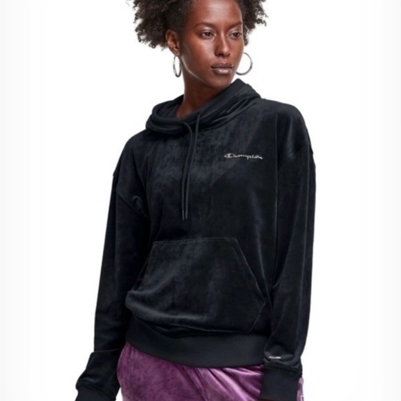 Champion women’s velour pullover hoodie sweatshirt pockets SZ XS black - Picture 1 of 10